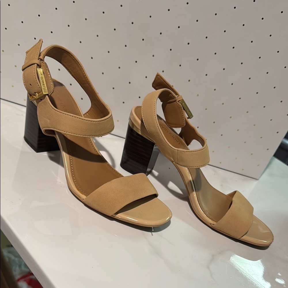 Calvin Klein Tan Block Heel Heels with Ankle Strap